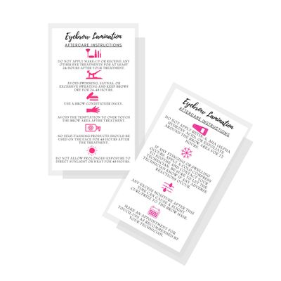 Eyebrow Lamination Aftercare Instruction Cards | Physical Printed 2 x 3.5 inches Business Card Size | Starter Lift Kit with Tint at home diy aftercare supplies | White with Icons Design