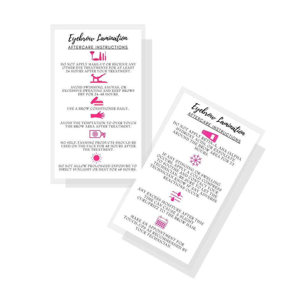 Eyebrow Lamination Aftercare Instruction Cards | Physical Printed 2 x 3.5 inches Business Card Size | Starter Lift Kit with Tint at home diy aftercare supplies | White with Icons Design
