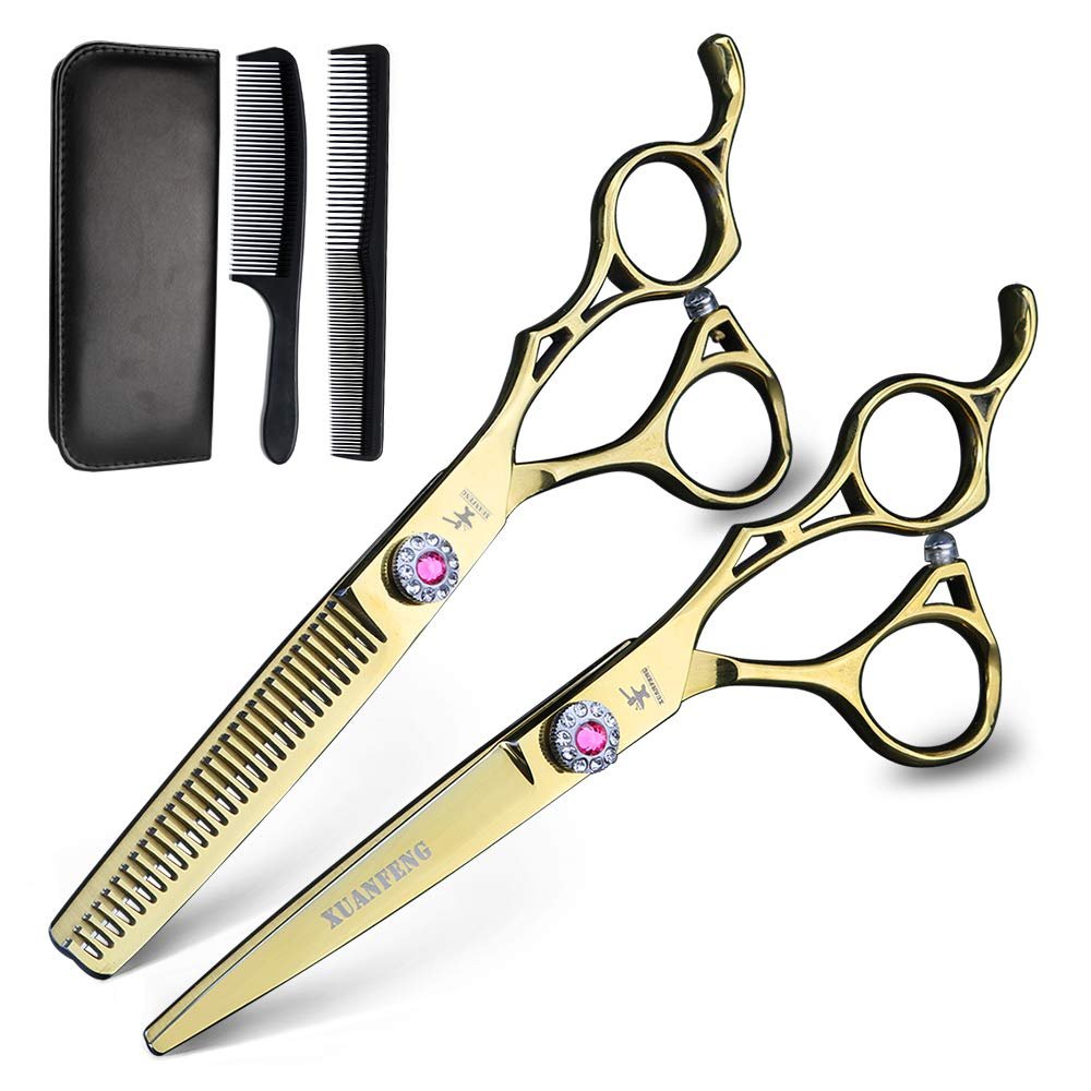 Professional Hairdressing Scissors for Haircuts Barber Shop 6 inch Gold Cutting Thinning Shear Hair Scissors for Men Women (kit)