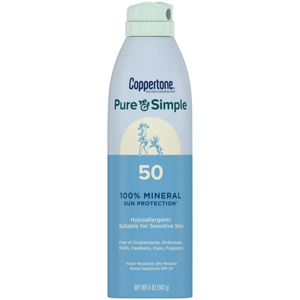 Coppertone Pure and Simple Zinc Oxide Mineral Sunscreen Spray SPF 50, Water Resistant, Broad Spectrum SPF 50 Sunscreen for Sensitive Skin, 5 Oz Spray