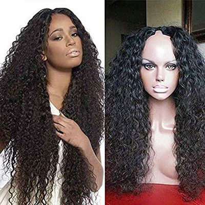 RJ HAIR Long Kinky Curly U Part Wigs Middle Par 180% Density Mongolian 4b 4c Curly Wigs For Black Women Black Color 1#2#4# (20inch 150% density, Color 1#)