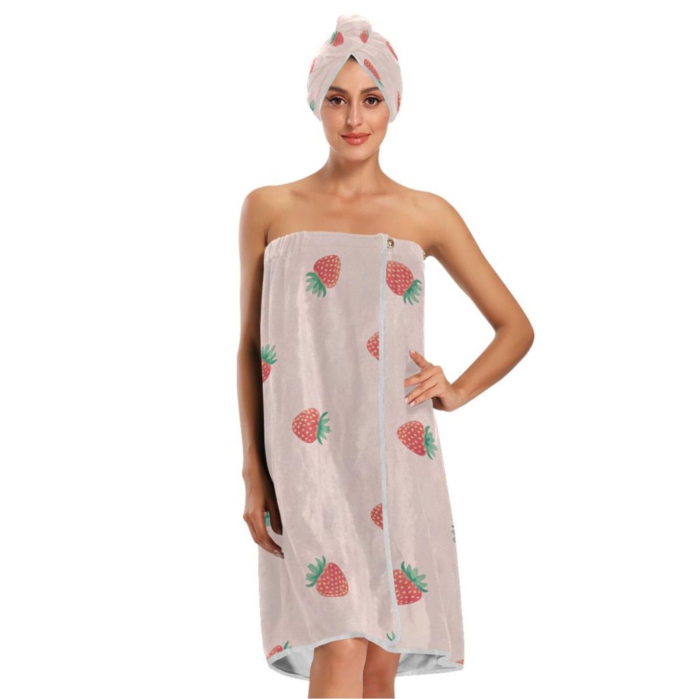 Blueangle Pink Strawberry Towel Wrap with Dry Hair Cap & Headband for Women  Womens Shower & Bath Wrap with Adjustable Closure