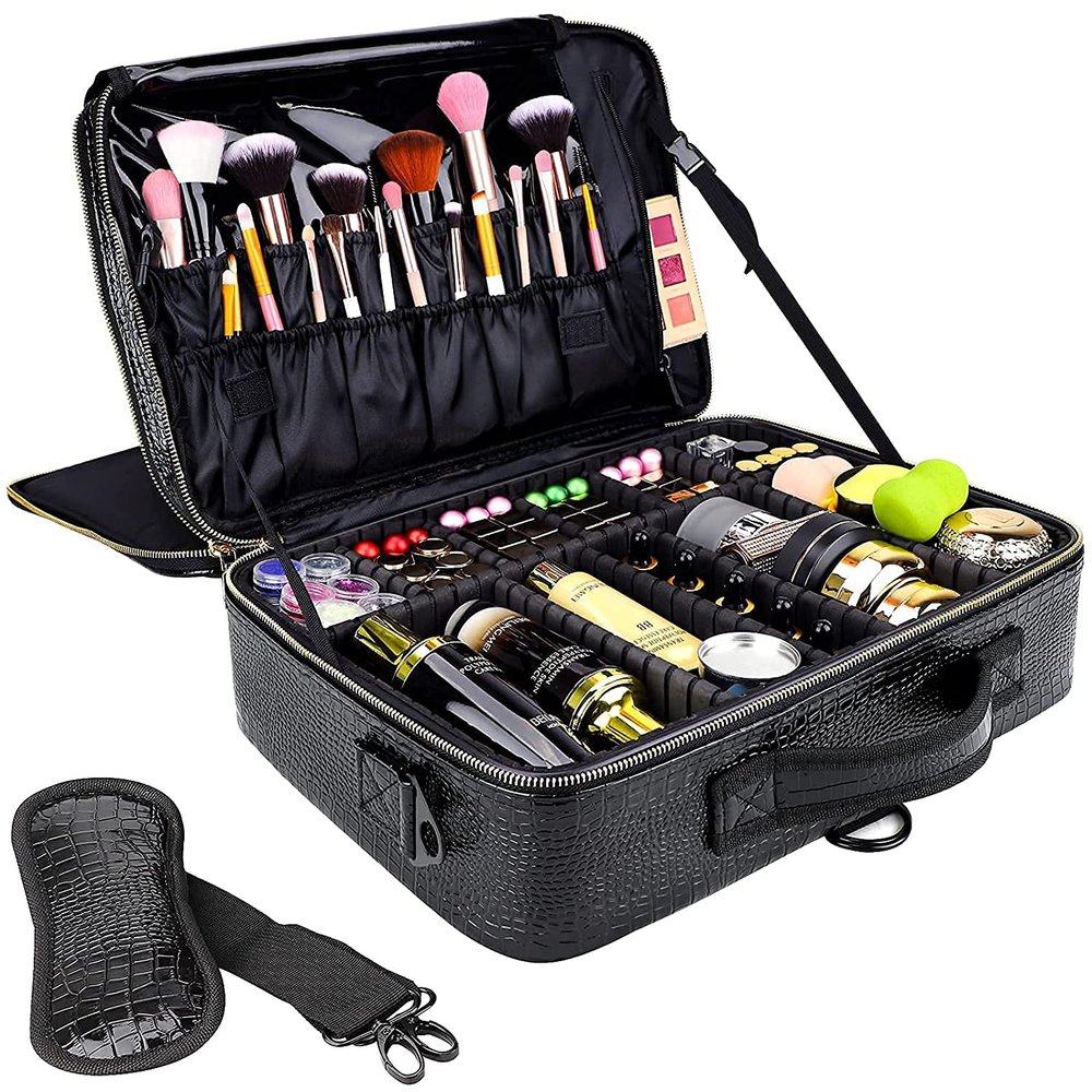 gzcz Large Capacity Travel Makeup Case Organizer,Professional Cosmetic Bags for Women,Waterproof PU Leather Makeup Bag with Adjustable Dividers and Shoulder Strap for Brushes and Jewelry