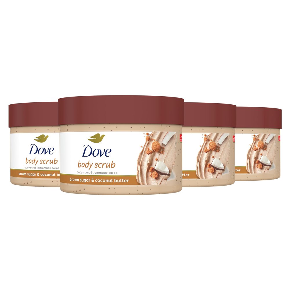 Dove Scrub For Silky Smooth Skin Brown Sugar & Coconut Butter Body Scrub Exfoliates & Restores Skin's Natural Nutrients, 10.5 oz, 4 Count