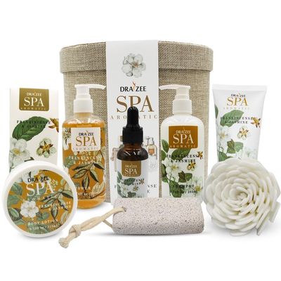 Draizee Luxury Spa Gifts for Women - 9 Pcs Frankincense & Jasmine Scented Bath and Body Spa Set-Self Care Package, Present for Mom-Bath Basket-Body Care Set for Her