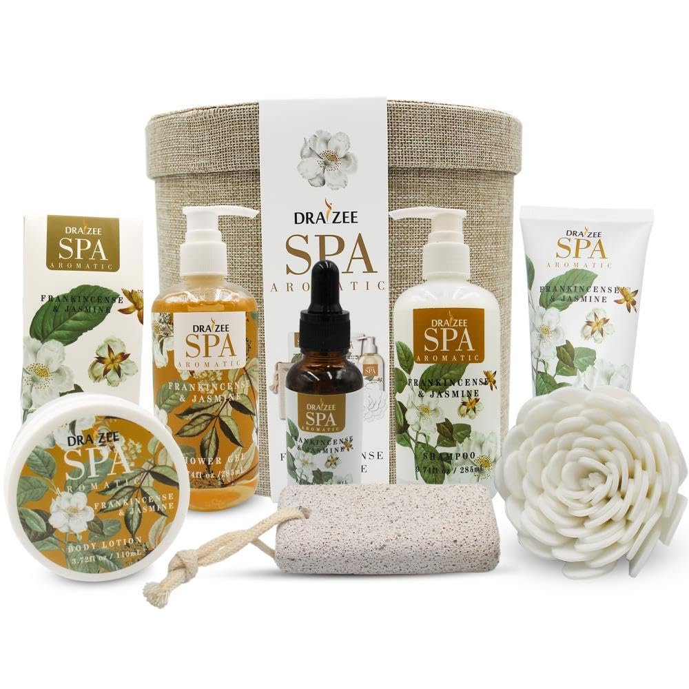 Draizee Luxury Spa Gifts for Women - 9 Pcs Frankincense & Jasmine Scented Bath and Body Spa Set-Self Care Package, Present for Mom-Bath Basket-Body Care Set for Her