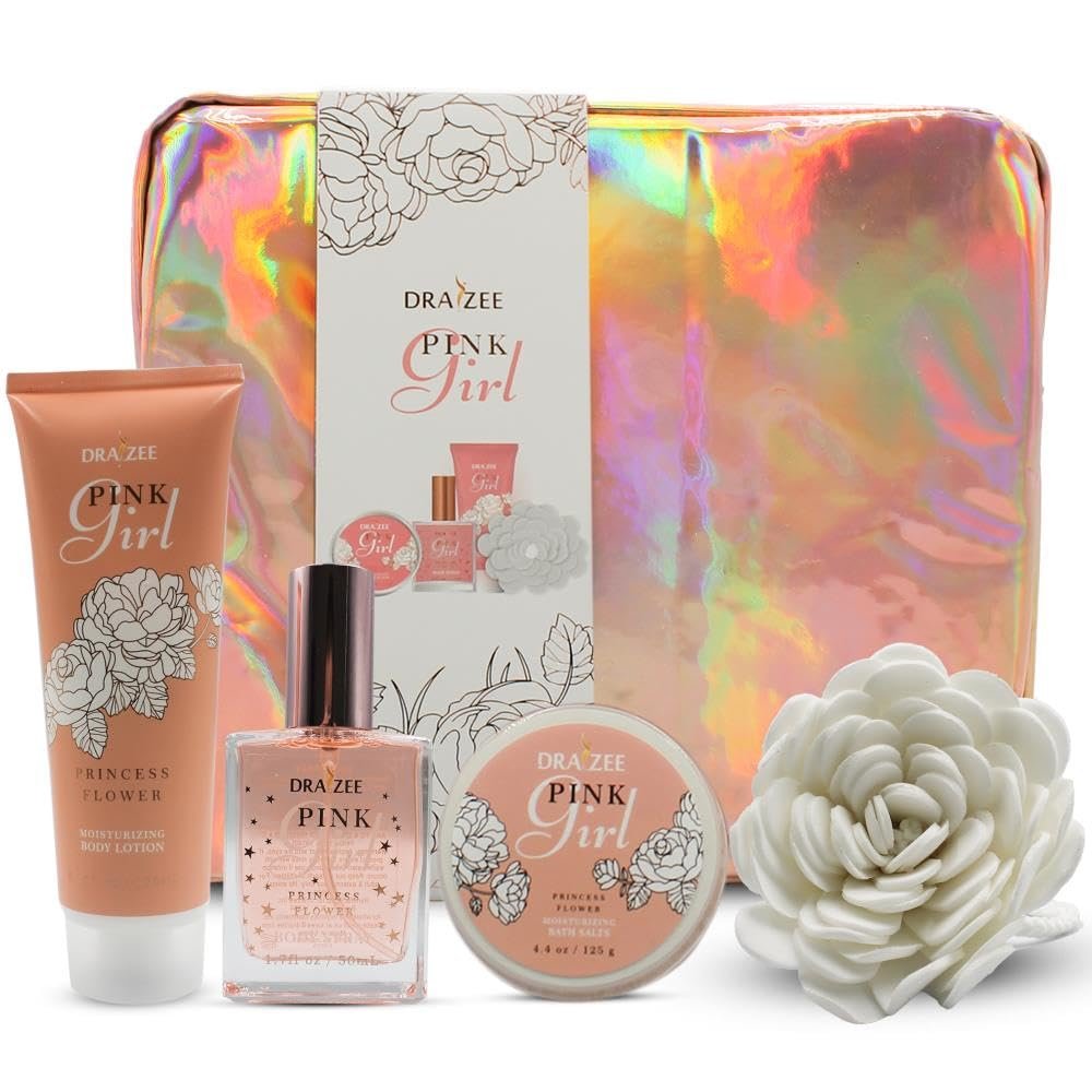 Draizee Luxury Spa Gift Baskets for Women-5 Pcs Princess Flower Scented Bath and Body Spa Set-Self Care Package, Gift for Mom-Bath Basket-Body Care Set for Girlfriend