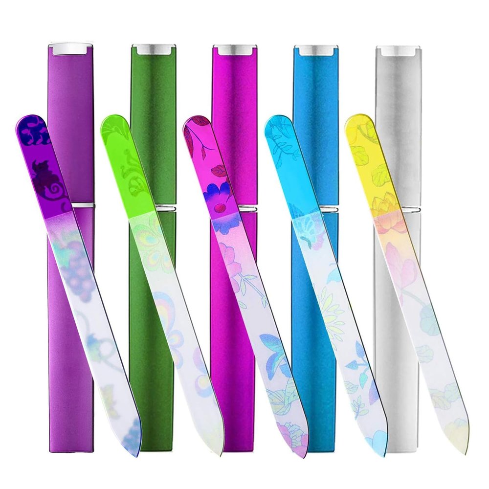 5 Pack Glass Nail File with Case, Crystal Fingernail Files, Double Sided Finger Nail Files, Professional Manicure Nail Care for Presents (Printed-5PCS with Case), Christmas Gifts Stocking Stuffers