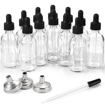 12 Pack, 2 oz Glass Eye Dropper Bottles w/ 3 Stainless Steel Funnels & 1 Long Pipette Dropper & 24 Labels - 60ml Clear Tincture Bottles for Essential Oils, Liquids - Leakproof Travel Essential Bottles