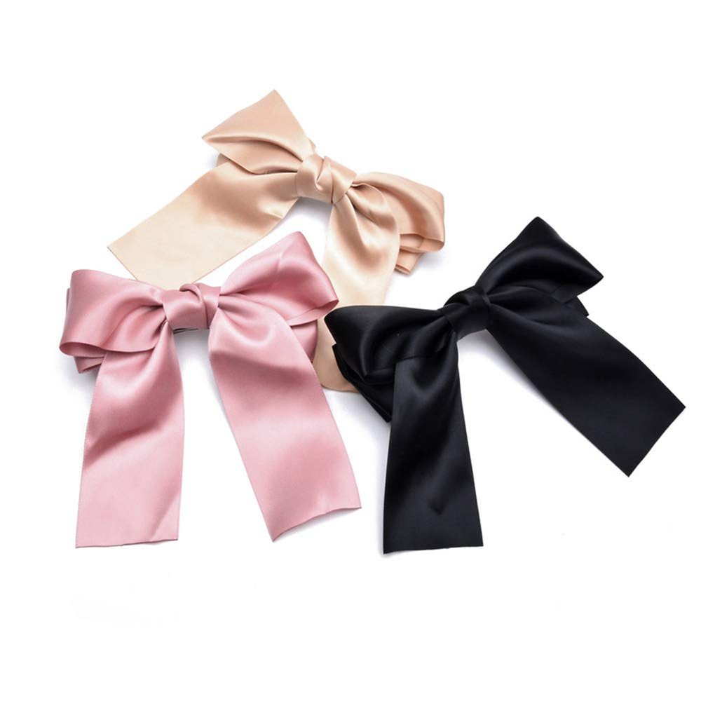 Set of 3 Women Big Ribbon French Hair Barrette Elegant Satin Huge Bow Hair Clip Solid Color Hair Accessories