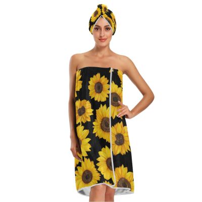 Blueangle Women's Spa Towel Wrap Set of 3, Sunflower Pattern Bathrobe Shower Bath Body Wrap with Adjustable Closure