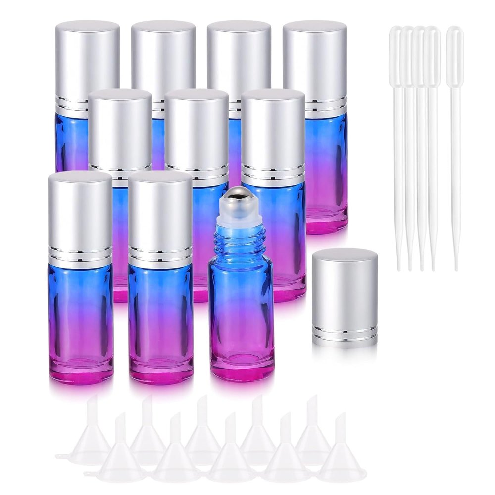 JIUWU Essential Oil Roller Bottles Perfume Roller Bottles Blue-Purple Gradient Vials 10 Pack 5ml Roll-on Vials with Silver Screw Cap Essential Oil Container (1 Tool, 5 Droppers, 10 Funnels)