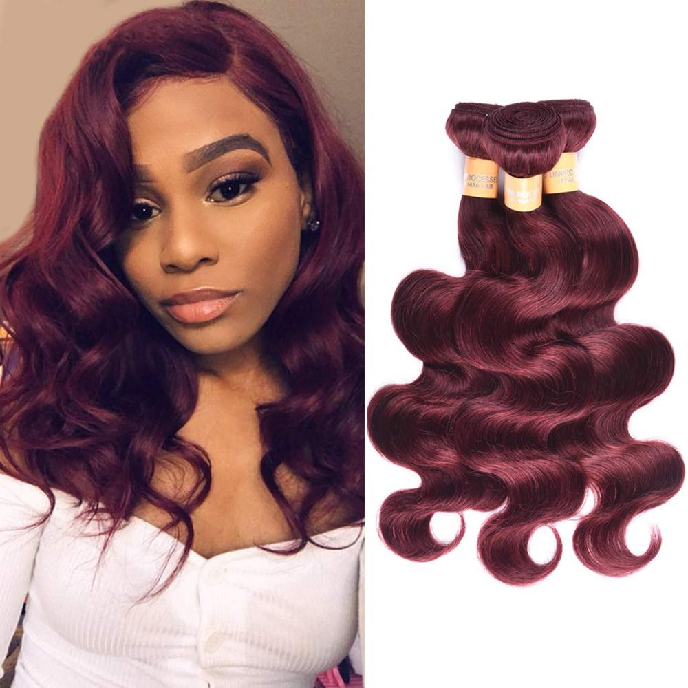 Brazilian 99J Hair Bundles Burgundy Red Virgin Human Hair Body Wave Hair Weaves 3 Bundles 8A Grade Hair Extensions (10"12"14",#99J)