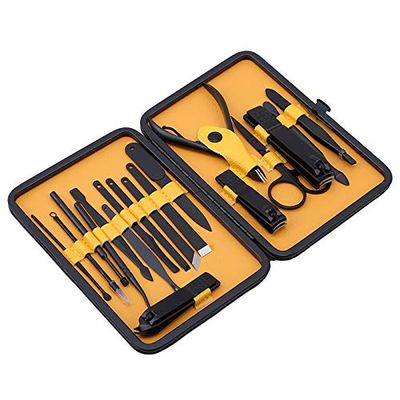 18pcs Black Men Grooming Kit Newest DesignLeather Case Manicure Set Nail Clipper Pedicure Care Tools, (YELLOW)
