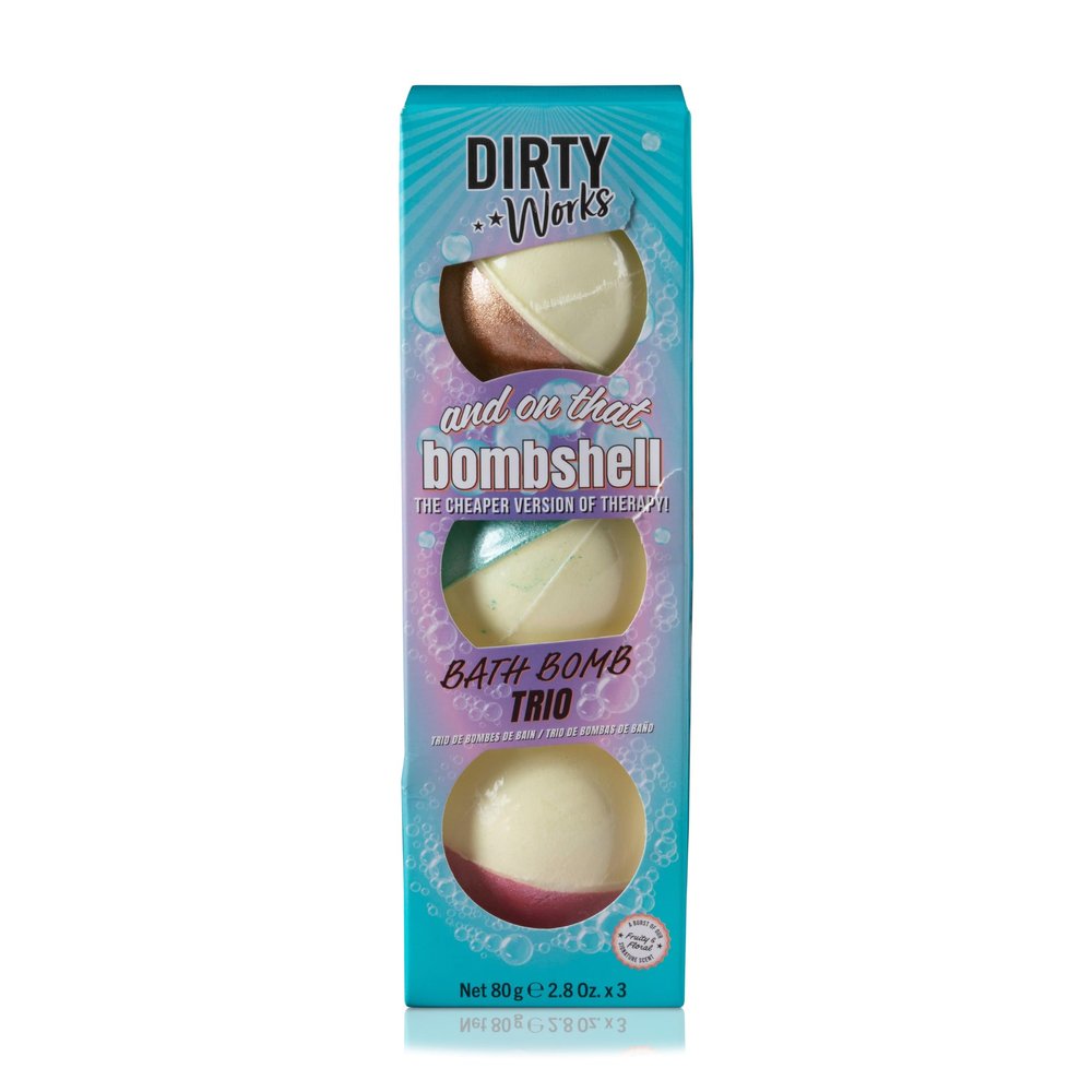 Dirty Works and On That Bombshell Bath Bomb Trio, 3 x 26g Glitter Bath Bomb Fizzers