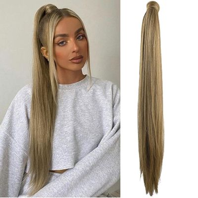SEIKEA 28 Inch Clip in Ponytail Extension Wrap Around Long Straight Pony Tail Hair Synthetic Hairpiece for Women Ash Brown
