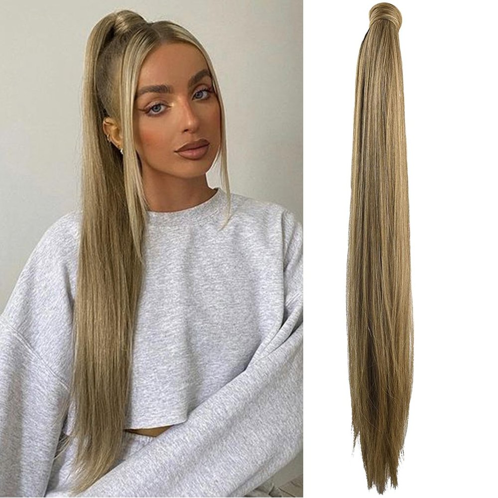 SEIKEA 28 Inch Clip in Ponytail Extension Wrap Around Long Straight Pony Tail Hair Synthetic Hairpiece for Women Ash Brown