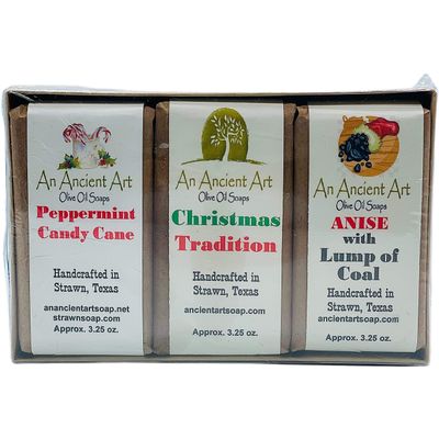 An Ancient Arts Bar Soap Set of 3 Aprox. 3.25oz - All Natural Soap Handmade with Olive Oil, Palm Oil, and Coconut Oil (Peppermint, Christmas Tradition, Anise) - Gift Set (Christmas Set)