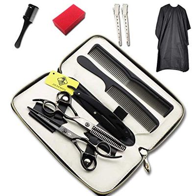 JIESENYU high-end Professional Hairdresser 6-inch Hairdressing Scissors 440C Steel Hair Salon Electroplating black (Set2)