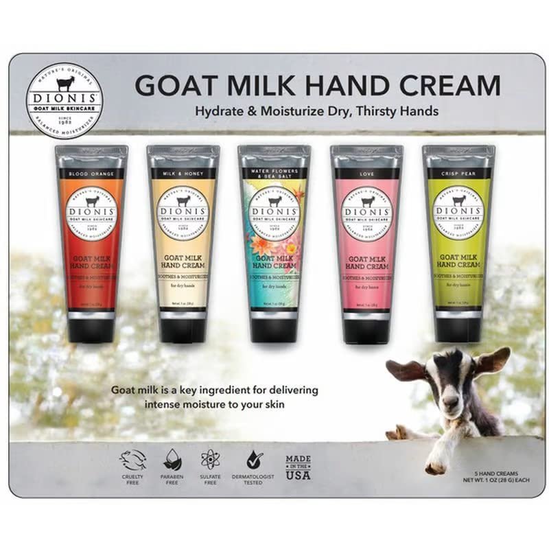 DIONIS Natural Goat Milk Hand Cream, 5-Pack Giftset (Includes Milk and Honey, Lavender Blossom, Blood Orange, Water Flowers and Sea Salt, Vanilla Bean)