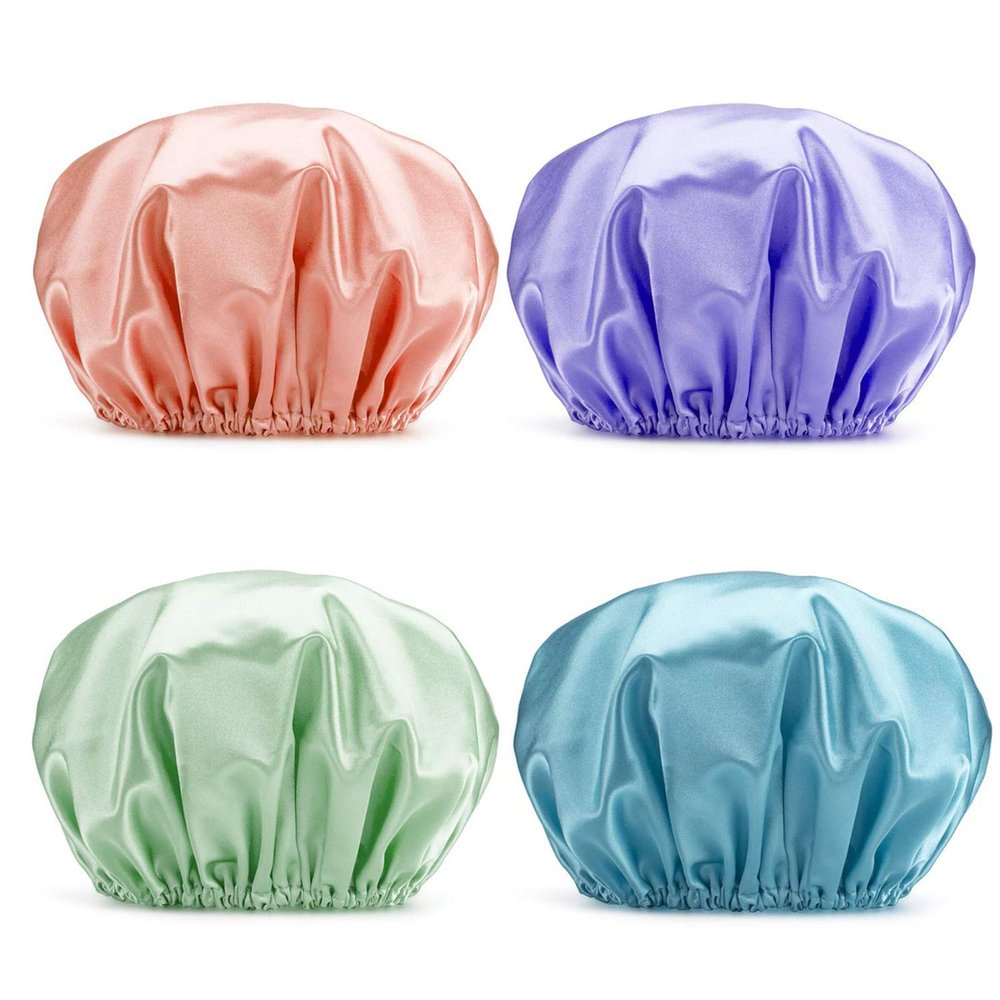 4Pcs Shower Cap for Women Reusable Double Layers Large Waterproof Bath Hat Lining EVA Shower Hair Protection Cover (A)