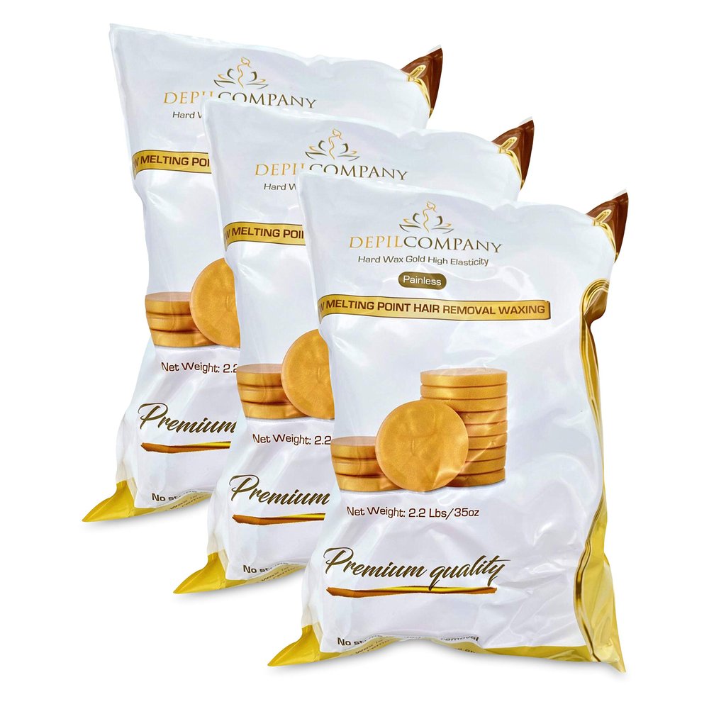 Depilcompany Gold, Natural Hard Hair Removal Wax, Low Melting Point, For Hair Removal Anywhere On The Body, 2.2 Pounds (3 Pack)
