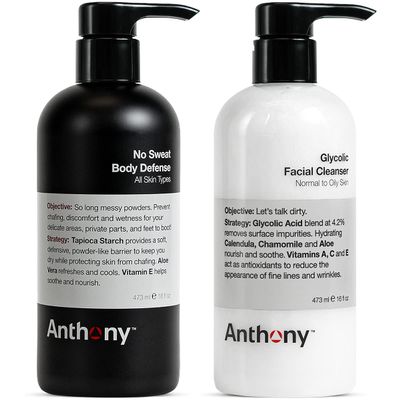 Anthony No Sweat Body Defense, Anti-Chafe Talc Free Cream To Powder Lotion, 16 Fl Oz, and Anthony Glycolic Facial Cleanser, Normal to Oily Skin, 16 Fl Oz