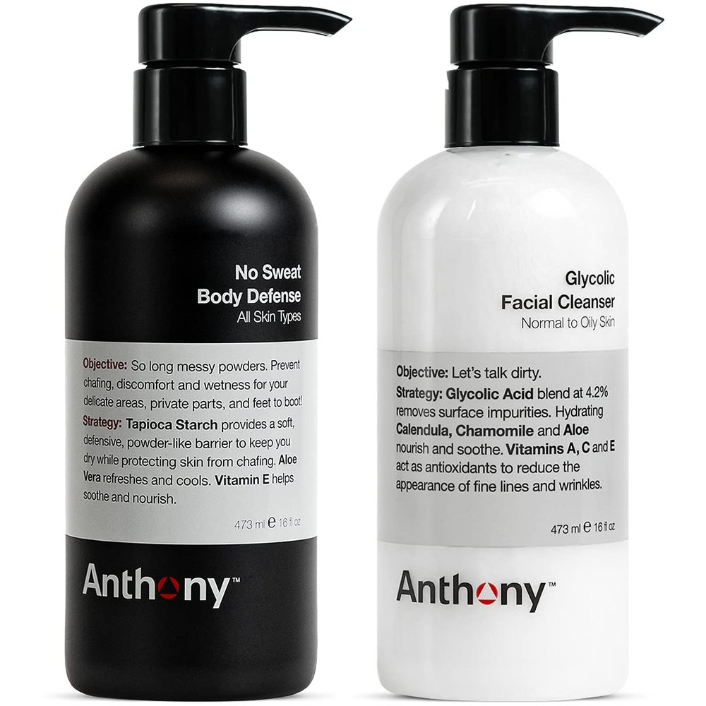 Anthony No Sweat Body Defense, Anti-Chafe Talc Free Cream To Powder Lotion, 16 Fl Oz, and Anthony Glycolic Facial Cleanser, Normal to Oily Skin, 16 Fl Oz