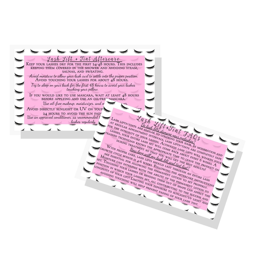 Lash Lift + Tint Aftercare Instruction Cards | 50 Pack | 2 x 3.5 inches Business Card Size | Eyelash Lift and Tint Kit at home diy aftercare supplies | Lash Print with Pink Inlay Design