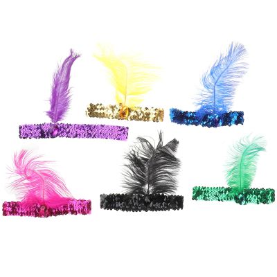 Lurrose 6pcs Sequin Flapper Headband Roaring 20s Feather Headpiece for Women Girl Cosplay Dress Up Costume Accessories