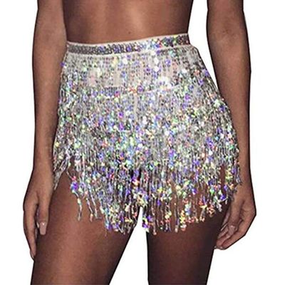 Aimimier Belly Dance Hip Skirt Sequins Tassel Scarf Multi-Layered Belly Belt Dance Wrap Rave Costume Performance Festival Dresses for Women (Silver)