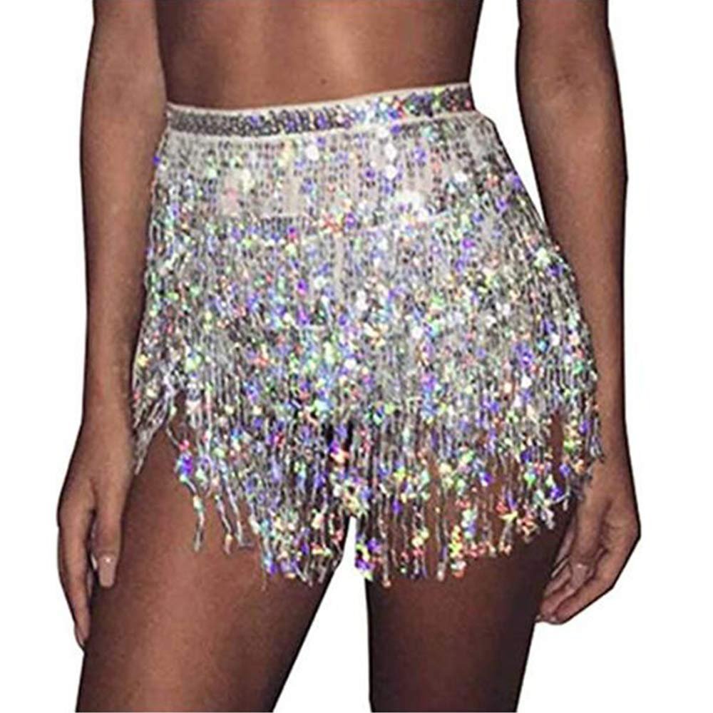 Aimimier Belly Dance Hip Skirt Sequins Tassel Scarf Multi-Layered Belly Belt Dance Wrap Rave Costume Performance Festival Dresses for Women (Silver)