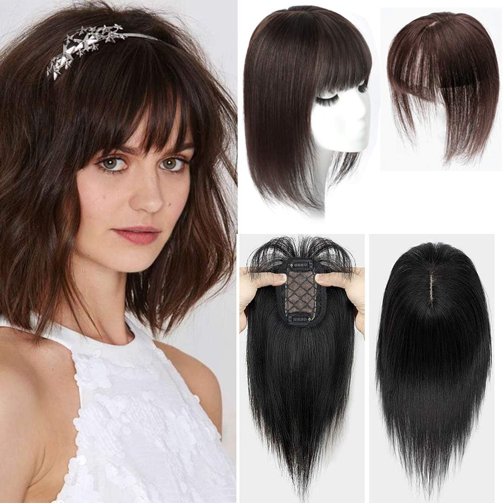 Ubrand 8" Human Hair Toppers Straight Topper Hair Fake Hairpiece Toupee Clip in top Hairpieces Topper Hair Pieces For Women with Thinning Hair/Loss Hair 2.75"X3.93"(Dark Brown)