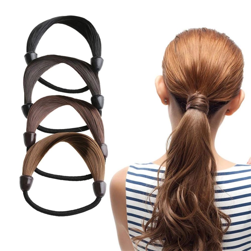 ALIQI 4 Pcs Fashion Women Straight Wig Elastic Hair Bands Black Brown Hair Rope Ponytail Holder Hair Accessories for Women Girls