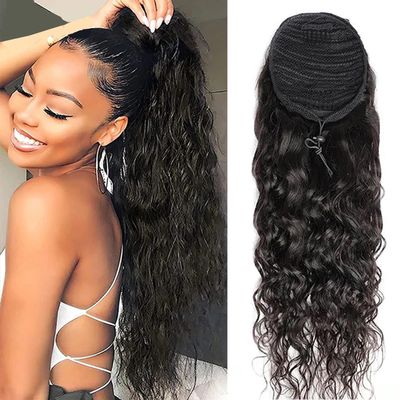 100% Human Hair Drawstring Ponytail Extension Water Wave in Natural Color 1B Corn Wave Ponytail Clip in Extensions for Black Women Full End Hair 18 Inch