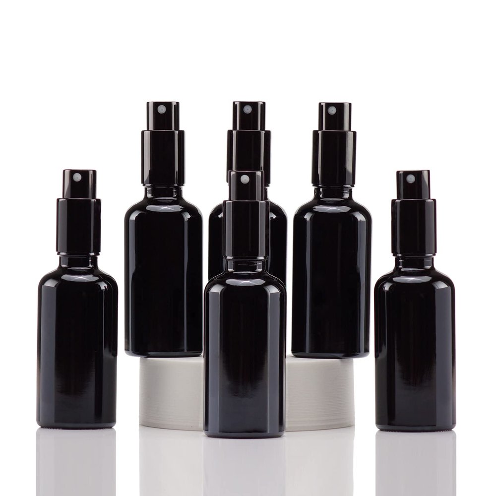 YIZHAO Black Glass Spray Bottles 2oz, with Small Fine Mist Spray, Metal Cap, Refillable for Essential Oil,Travel,Cleaning,Perfume,Aromatherapy,Makeup 6 Pcs