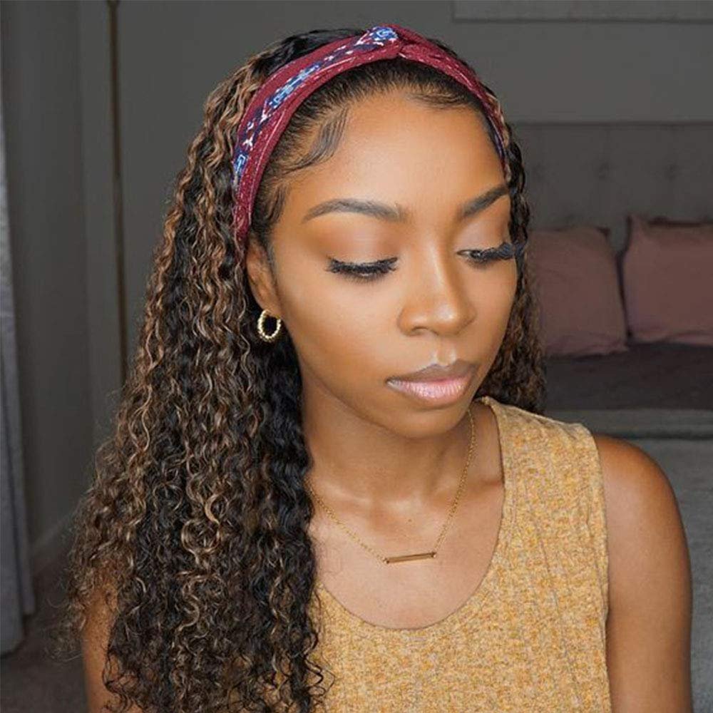 10A Ombre Headband Wig Deep Curly None Lace Front Wig for Black Women 100% Brazilian Human Hair Machine Made Wig 150% Density (18 inch, 150% Density)