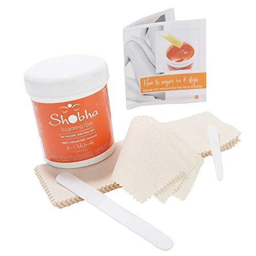 Shobha Professional Sugaring Kit  Salon Formula At Home Hair Removal Products  16oz Microwave Sugar Wax, 24 Muslin Waxing Strips and Reusable Spatulas - Natural Face, Body and Bikini Hair Depilation