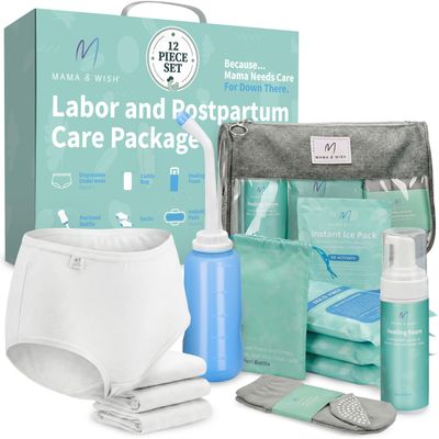 Mama & Wish Postpartum Essentials Kit Labor and Delivery Essentials for Moms After Birth Postpartum Recovery Kit Includes Peri Bottle, Witch Hazel, Comfy Garments & More