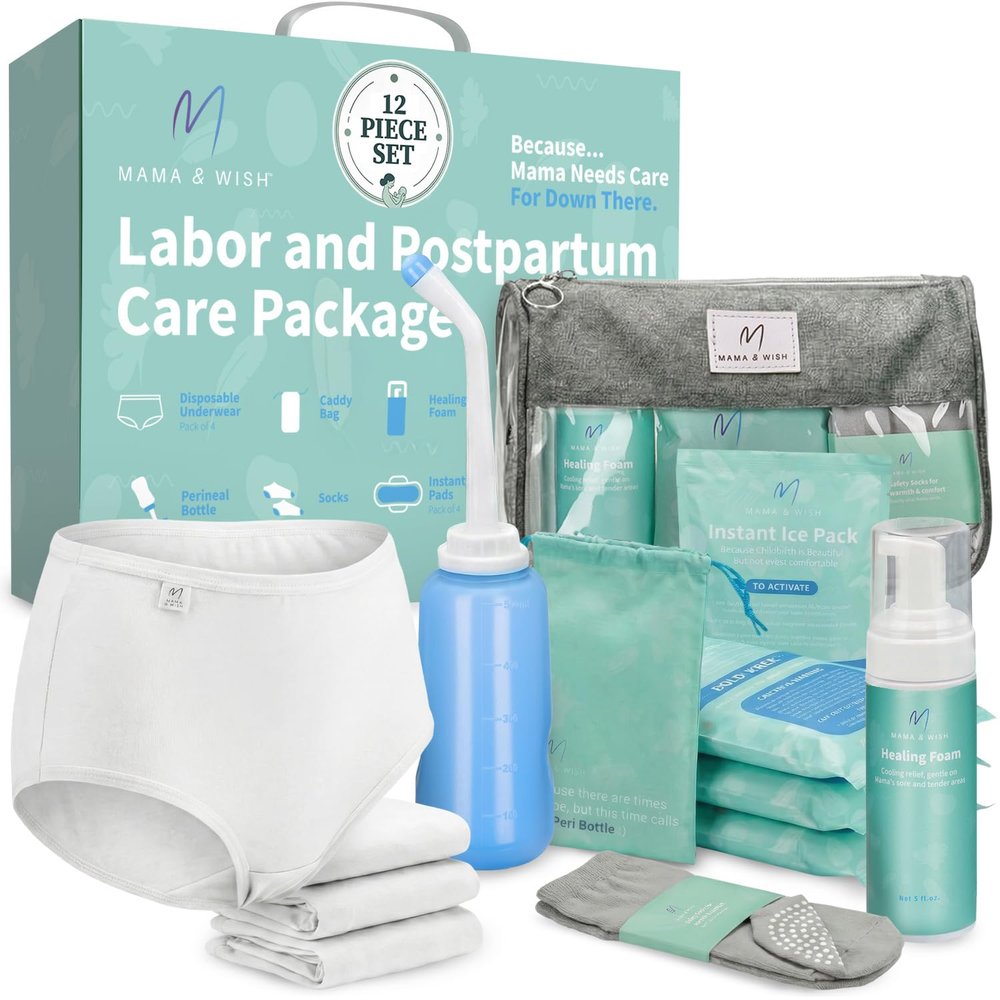 Mama & Wish Postpartum Essentials Kit Labor and Delivery Essentials for Moms After Birth Postpartum Recovery Kit Includes Peri Bottle, Witch Hazel, Comfy Garments & More