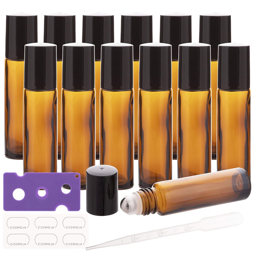 12 Pack 10ml Essential Oil Roller Bottles, with Stainless Steel Roller Balls, 10ml Amber Glass Roll on Bottles for Essential Oils, 1 Extra Roller Ball, 12 Labels, 1 Openers, 2 Droppers Included