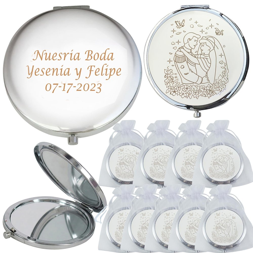 12 PCS Wedding Favors Personalized Engraved Compact Mirrors Anniversary Souvenir Elegant Gift Bulk