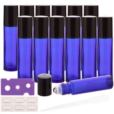 12 Pack 10ml Glass Essential Oil Bottles, with Stainless Steel Roller Ball, Blue Glass Roll-On Bottles, 1 Extra Roller Ball, 12 Labels, 1 Opener, 2 Droppers Included