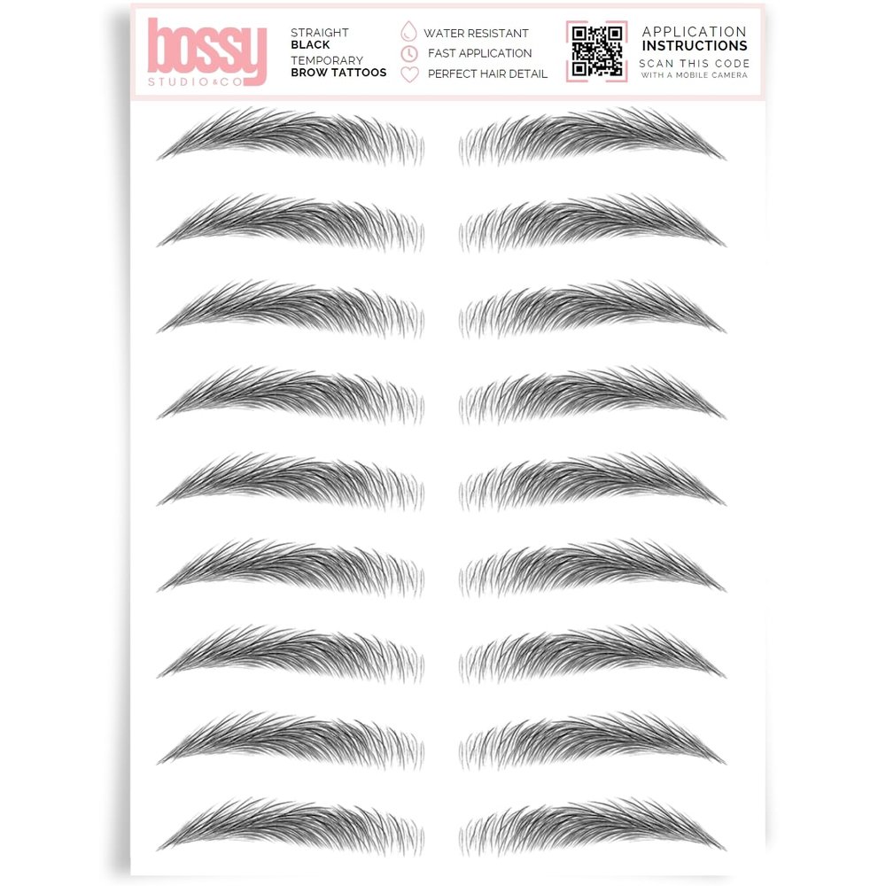 Brows by Bossy Studio & Co Temporary Eyebrow Tattoos Waterproof Eyebrow Stickers, False Tattoos Hair Like Peel Off Instant Transfer Brow straight black