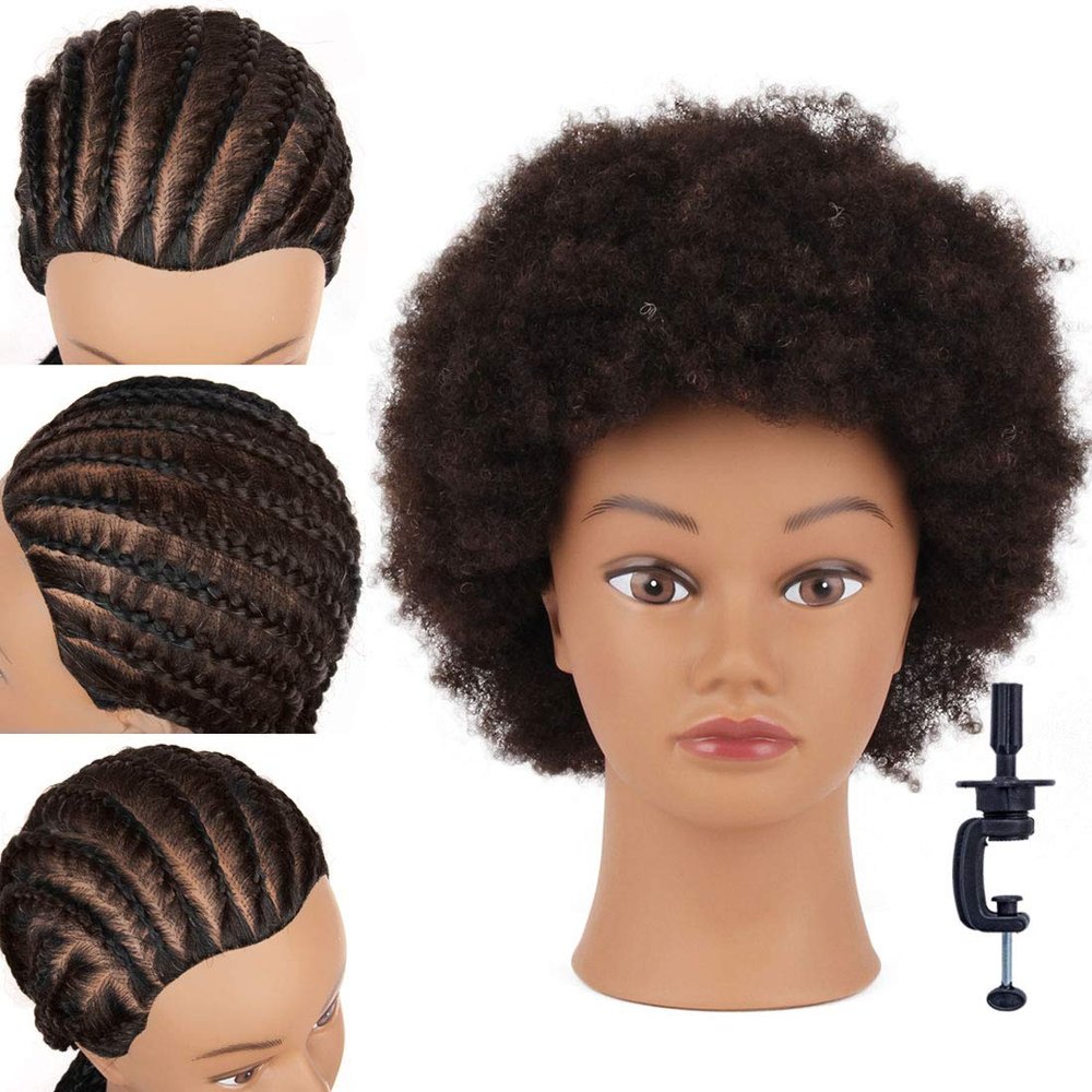 NEWSHAIR 9"afro mannequin head for braiding 4C Type 100% Human Hair Curly Hair Hairdresser Training Head African Cosmetology Doll Head for Styling Cornrow Braiding with Clamp Stand