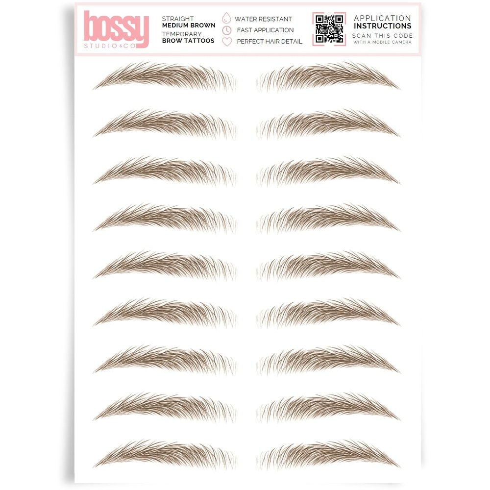 Brows by Bossy Studio & Co Temporary Eyebrow Tattoos Waterproof Eyebrow Stickers, False Tattoos Hair Like Peel Off Instant Transfer Brow straight medium brown