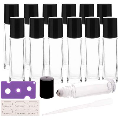 12 Pack 10ml Essential Oil Roller Bottles, with Stainless Steel Roller Balls, 10ml Clear Glass Roll on Bottles for Essential Oils, 1 Extra Roller Ball, 12 Labels, 1 Openers, 2 Droppers Included