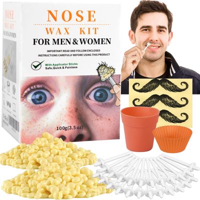 Nose Wax Hair Removal Kit by CoFashion | 100g Wax, 30 Applicators (15-30 Uses) | Painless, Quick & Easy for Men Women | 15 Mustache Guards, 2 Silicone Cups