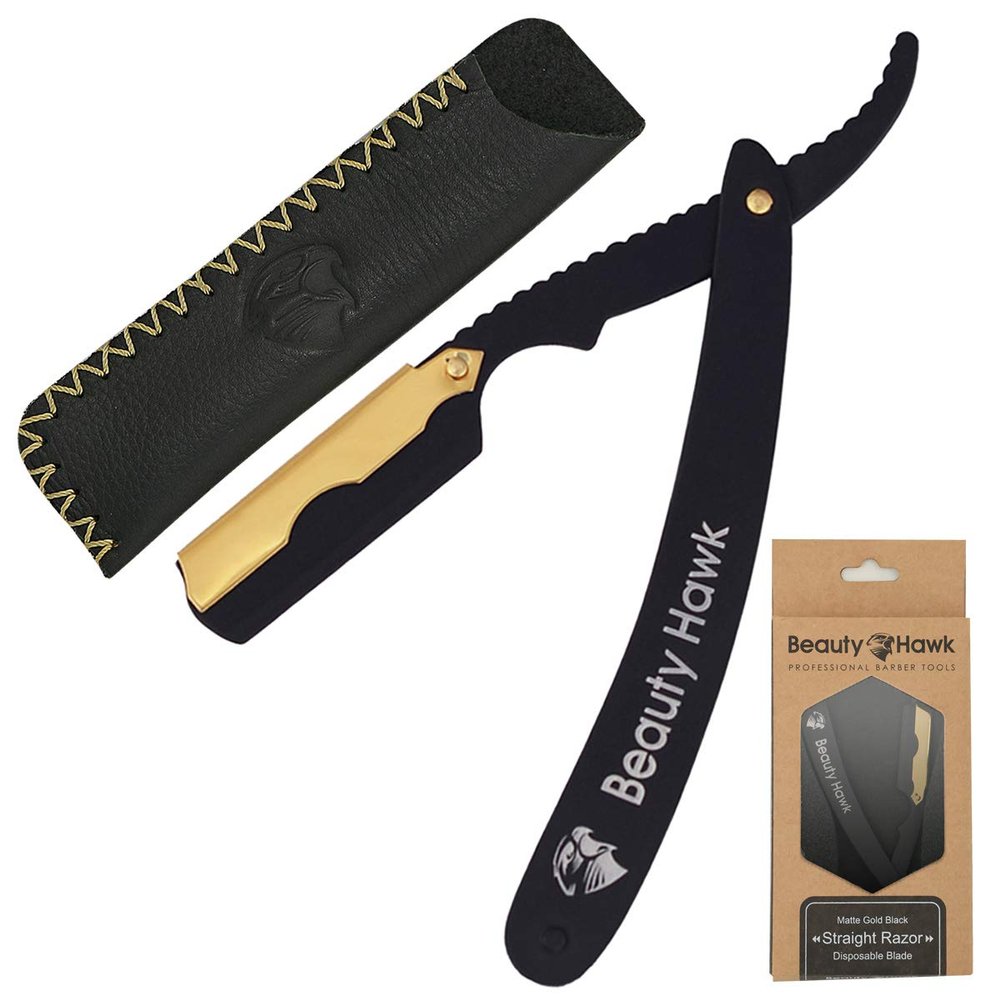 Beauty Hawk Professional Straight Edge Razor Blade - Shaving Razors for Men with 50 PCS Single Edge Blades - 24K Gold Plated Cap Barber Razor Blades for Ultimate Shaving Experience