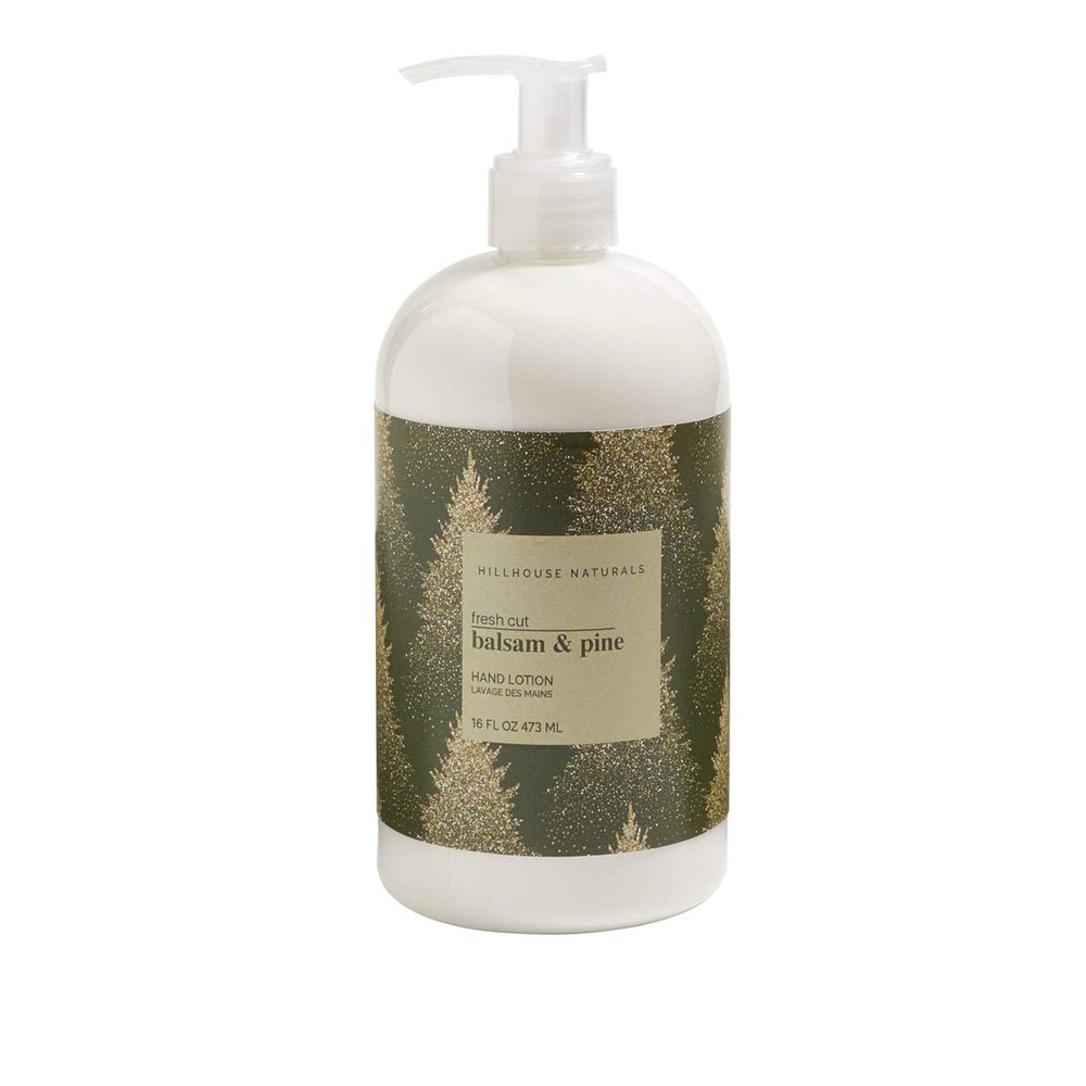 Hillhouse Naturals Fresh Cut Balsam & Pine 16oz Hand Lotion. With a hint of cinnamon that pairs magically to capture the essence of the holiday season. Made in the USA
